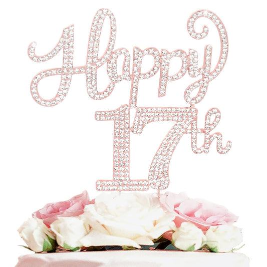 LASKYER Happy 17th Birthday Rose Gold Rhinestone Cake Topper - 17th Birthday/Anniversary,Cheers to Seventeen Years Old Bday Party Metal Sparkly Centerpieces Decorations.