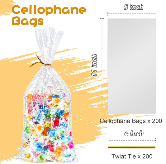 Cherodada 5"x 11", 200Pcs Cellophane Treat Bags with Twist Ties for Gift Wrapping, Wrapping Candies, Cookies, Chocolates, Popcorn