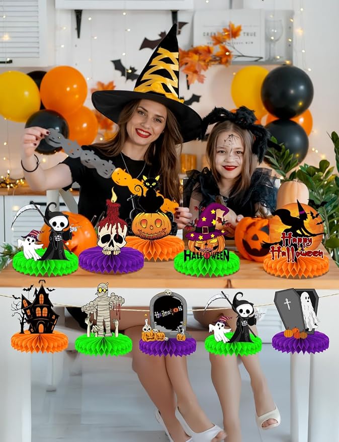 Halloween Table Decorations – 9Pcs Honeycomb Centerpieces for Table Featuring Pumpkin, Ghost, Cat, Castle, Tombstone,Spooky Decor for Kids Birthday and Halloween Party