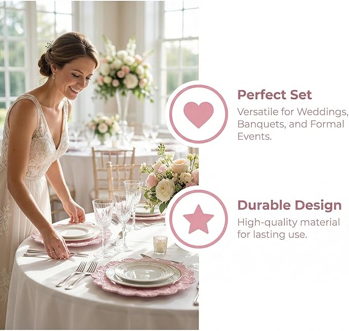 Pink Charger Plates with Flower Rim, 13" Round Charger for Dinner Plates, Set of 6 Plastic Plate Chargers for Wedding, Table Setting