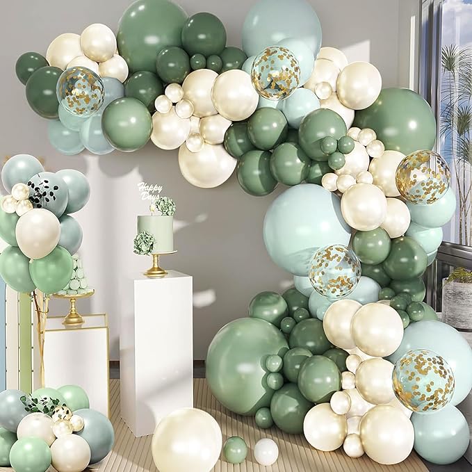 Dusty Green Blue Balloons Garland,161 Latex Baby Blue Green Balloon Arch Kit Beige Confetti Balloons for Boho Baby Shower Decorations Wedding One Birthday Engagement Anniversary Graduation