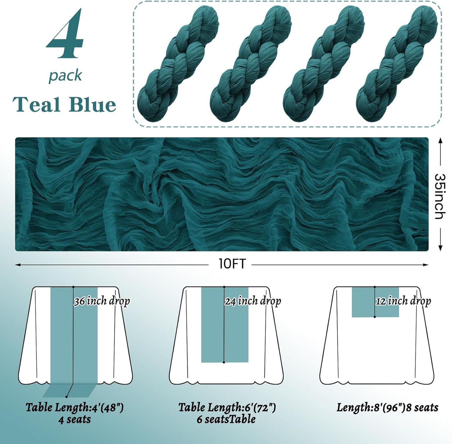 4Pack Teal Cheesecloth Table Runner 10FT Cheese Cloth Table Runner 35x120Inch Long Boho Table Runners Rustic Gauze Table Runners for Party Wedding Bridal Shower Baby Shower Decorations