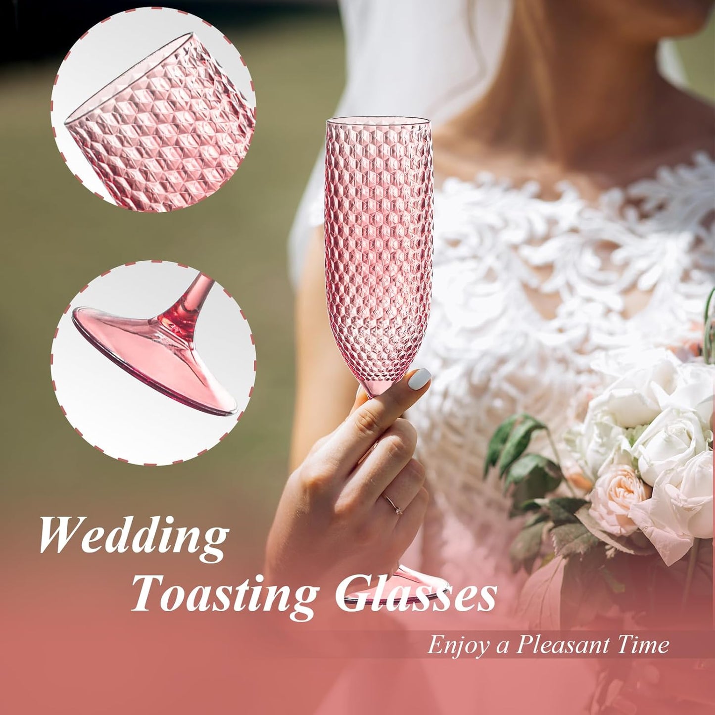 Plastic Champagne Flutes Champagne Glasses Unbreakable Wedding Toasting Glasses Reusable Diamond Wine Glasses Crystal Clear Party Wine Cups Vintage Drinking Glasses 5.5 OZ for Wedding (12, Pink)
