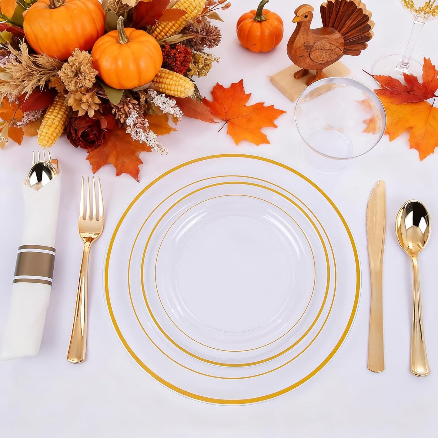 WELLIFE 210PCS Clear-Gold Plastic Plates - Dinnerware Sets for 30 Guests - 60 Disposable Plates, 90 Plastic Silverware, 30 Cups, 30 Napkins for Party