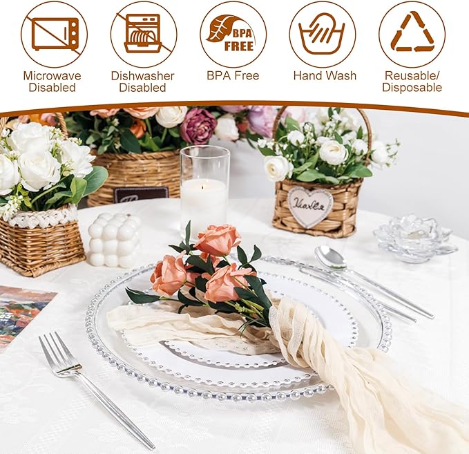 20pcs Clear and Silver Charger Plates 13inch Plastic Charger Plates Plastic Round Dinner Plate with Beaded Rim for Home Birthday Wedding Party Events Table Decor