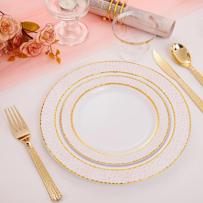 Ciaell 150PCS Pink Plastic Plates – Disposable Pink and Gold Plates Set include 50Plates, 25Forks, 25Knives, 25Spoons, 25Cups for Wedding & Party & Easter