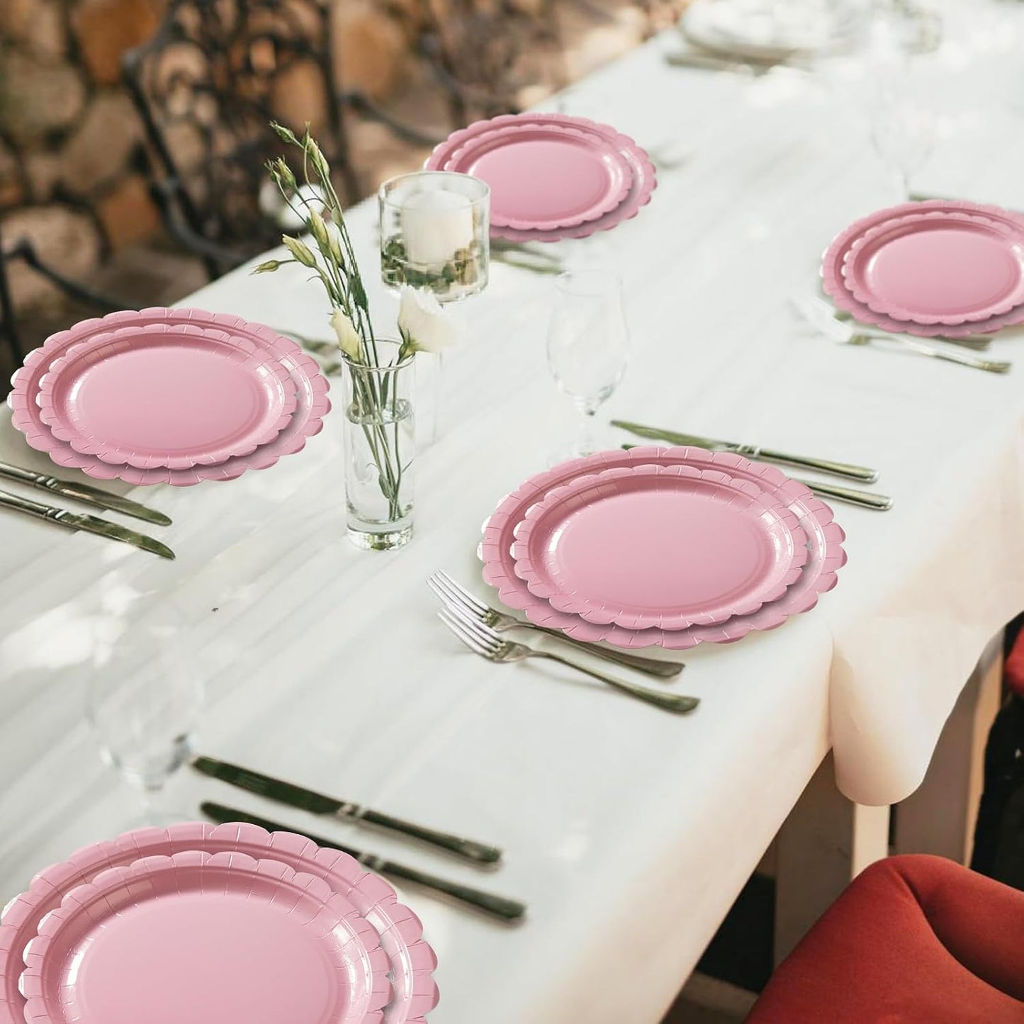 BEFORYOU 50PCS Scalloped Disposable Paper Plates Dessert Cake Party Plates for Baby Shower, Wedding,Bridal Shower Birthday Party Supplies (Pink, 7IN and 9IN)