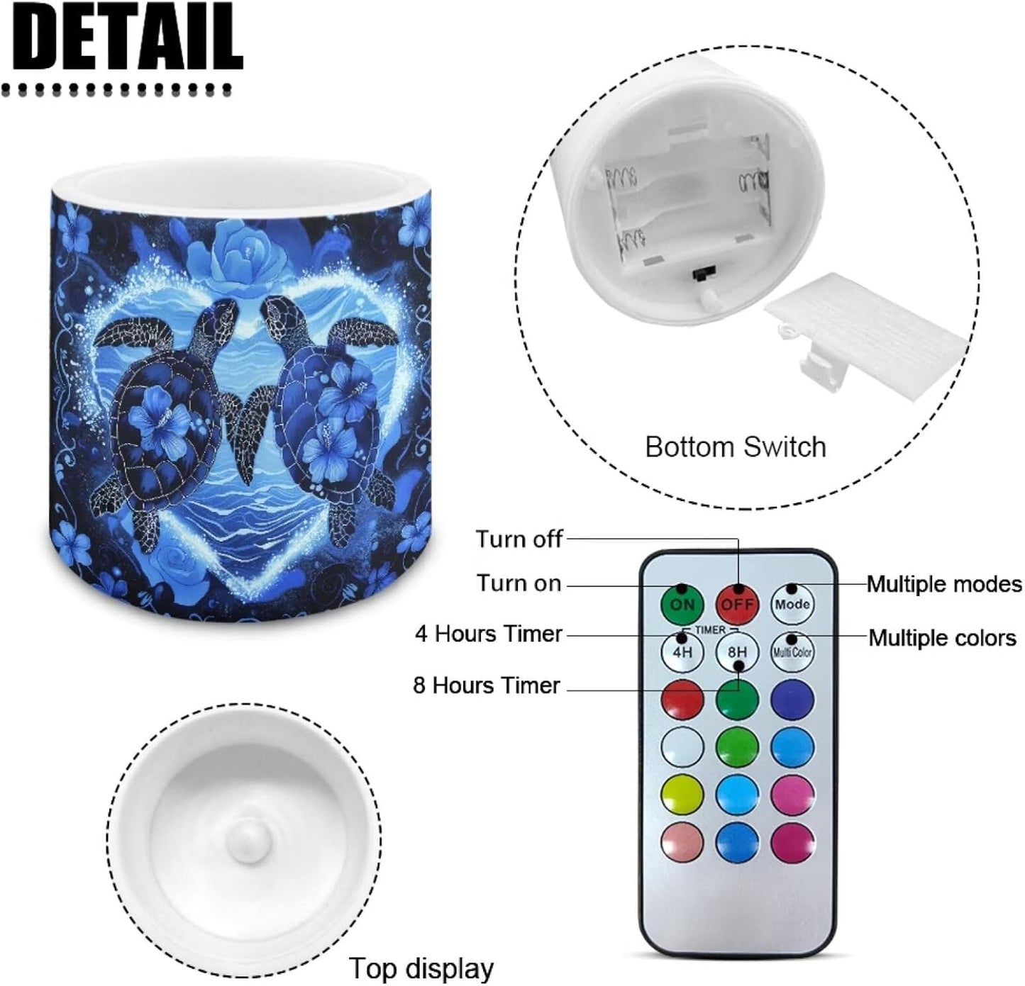 Poceacles LED Flameless Candle Set of 4, Battery Operated Tea Lights with Remote Control, Flickering Effect, Multi-Color Options, Sea Turtle Love Rose Hibiscus Flower Dark Blue