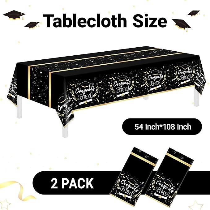 Childom 2 Pack Graduation Tablecloth,Graduation Decorations Class of 2026 Graduation Party Decorations,54"x108" Black and Gold Plastic Table Cloth Disposable Rectangle for Home,School,Party Supplies