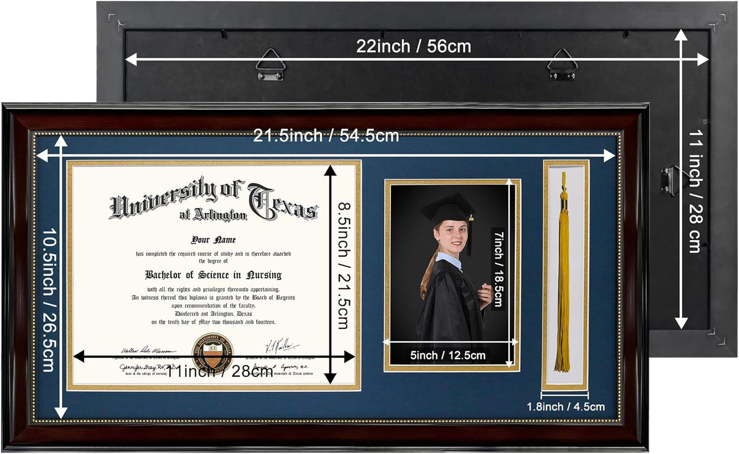 GraduationMall 11x22 Mahogany Diploma Frame with Tassel Holder and Picture for 8.5x11 Certificate 5x7 Photo,Real Glass,Navy over Gold Mat