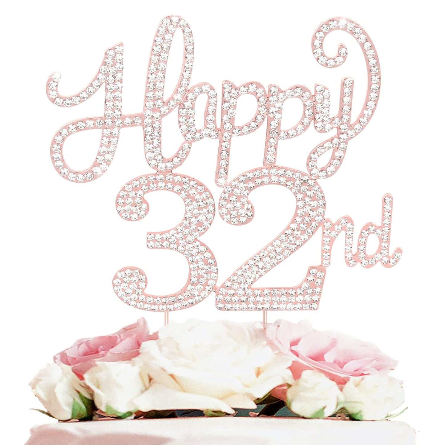 LASKYER Happy 32nd Birthday Rose Gold Rhinestone Cake Topper - 32nd Birthday/Anniversary,Cheers to 32 Years Old Bday Party Metal Sparkly Centerpieces Decorations.