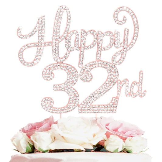 LASKYER Happy 32nd Birthday Rose Gold Rhinestone Cake Topper - 32nd Birthday/Anniversary,Cheers to 32 Years Old Bday Party Metal Sparkly Centerpieces Decorations.