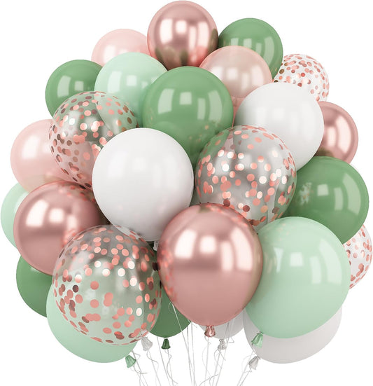 Sage Green and Rose Gold Balloons, 12 Inch Avocado Green Metallic Rose Gold Confetti Balloons, Retro Green White Balloons for Birthday Wedding Baby Shower Jungle Safari Party Decoration