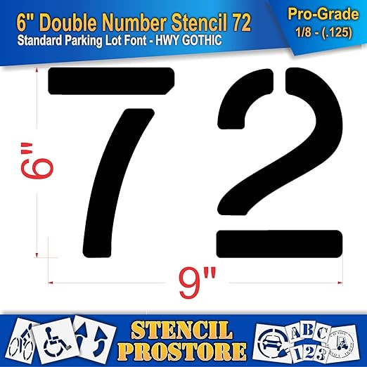 Pavement, Curb, and WheelStop Stencils - 6 inch Double Number Stencil - (72) - 6" x 9" x 1/8" (128 mil) - Pro-Grade