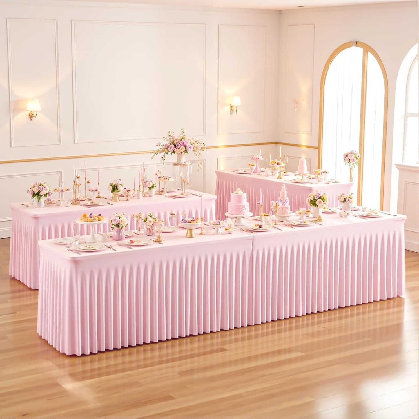 4 Pack 8ft Pink Spandex Table Cloths for Rectangle Tables Wrinkle Free Pink Rectangle Tablecloths Stretch Fitted Table Cover with Skirt for Baby Shower Girl Birthday Party Wedding Banquet Buffet