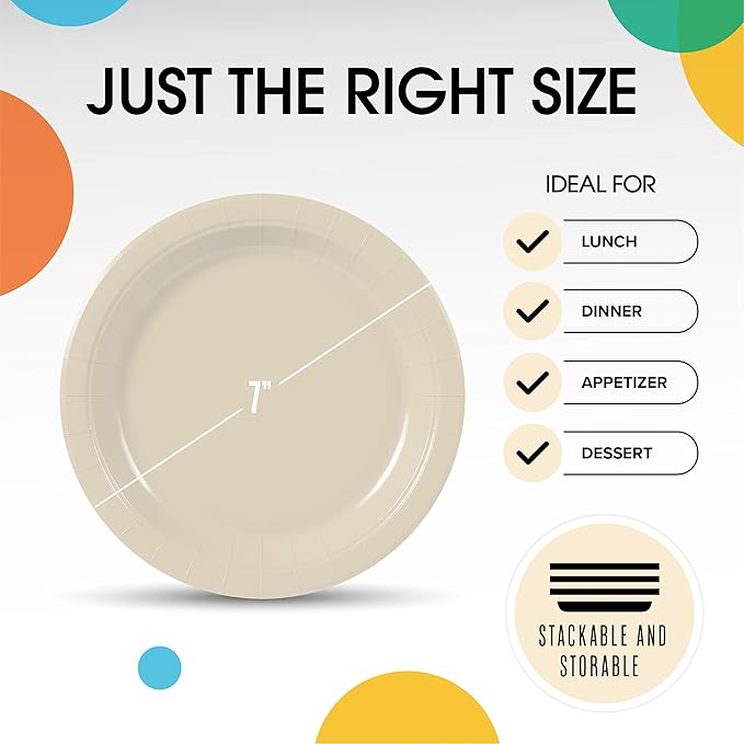 Exquisite Party Solids Ivory Paper Plates Disposable Heavy Duty 7 Inch Ivory Disposable Plates For Party 100 Pcs Heavy Duty 350 GSM, Birthday Supplies