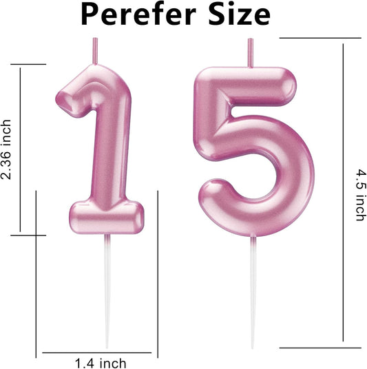 Pink Number 15 Candle Happy Birthday 3D Number Candles for Birthday Cake Party Decoration Wedding Anniversary Celebration Supplies