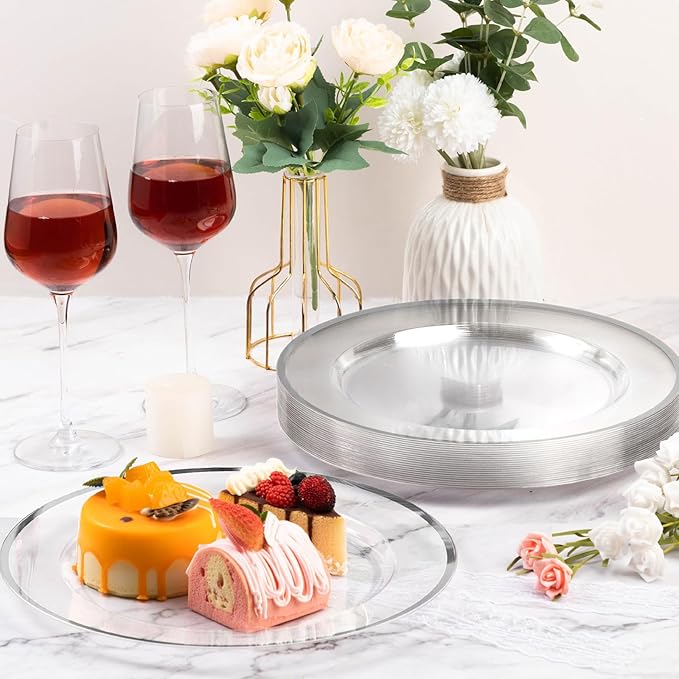 Goodluck 12 Inch Disposable Charger Plates Plastic, 100 Pack Plastic Clear Charger with Silver Rim for Dinner, Wedding, Party