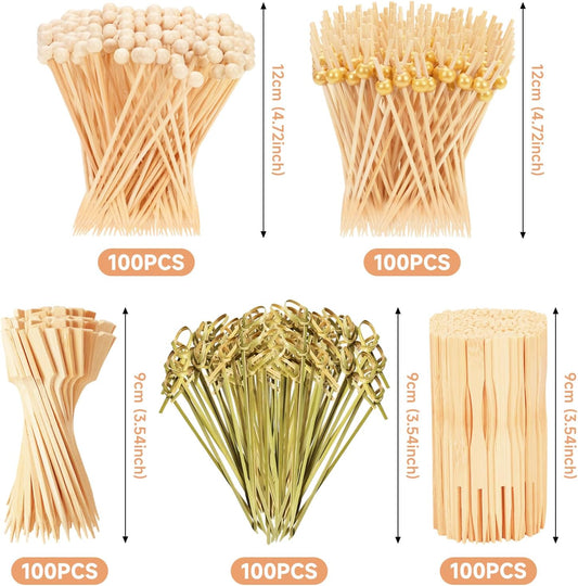 500PCS Cocktail Picks, 4.7" Eco-friendly Natural Bamboo Ball Food Picks, Fancy Toothpicks for Appetizers, Drinks Party Fruit, Bamboo Gold Ball Food Sticks Charcuterie Boards Accessories