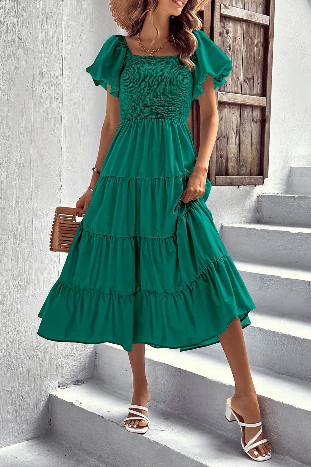 PRETTYGARDEN Women's Casual Summer Midi Dress Puffy Short Sleeve Square Neck Smocked Tiered Ruffle Dresses