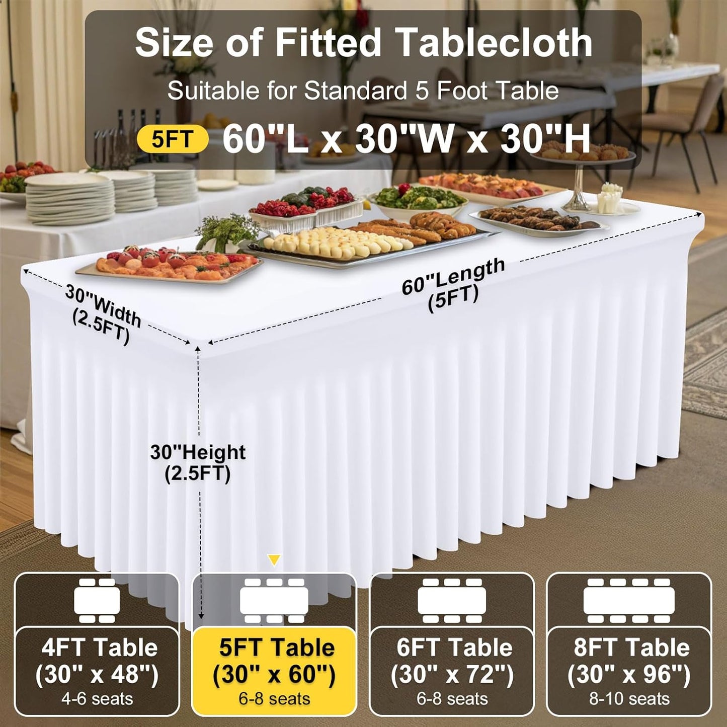 Smiry Spandex Tablecloth, Elastic Fitted Stretch Tablecloth for 5FT Rectangle Tables, Waterproof Washable Table Cover Skirt for Outdoor, Wedding, Banquet & Parties (White, 60Lx30Wx30H Inch)