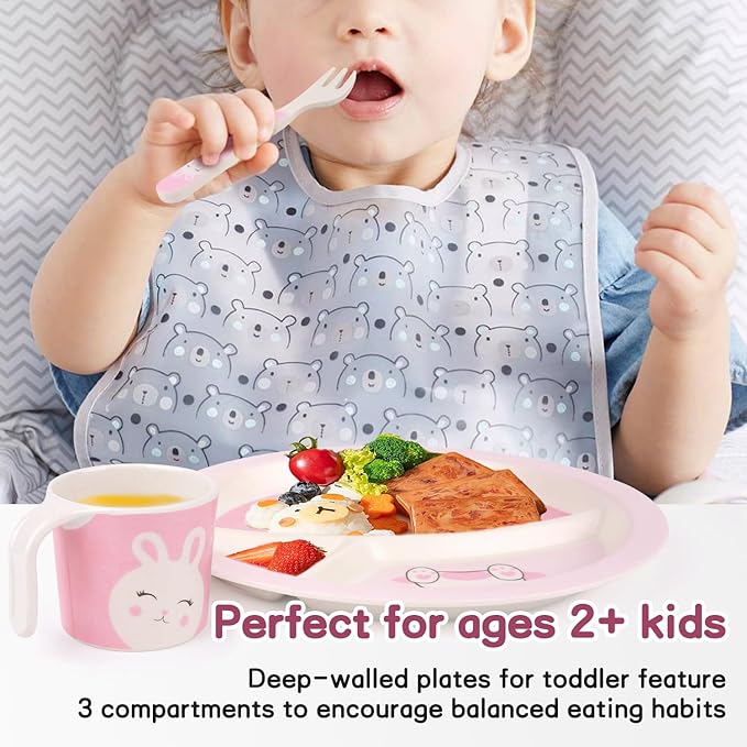 Kids Dinnerware Set, Includes Toddler Plate Bowl Tumbler and Utensils, BPA Free Bamboo Fiber Material Perfect for Little Girls (Pink - Rabbit Theme)