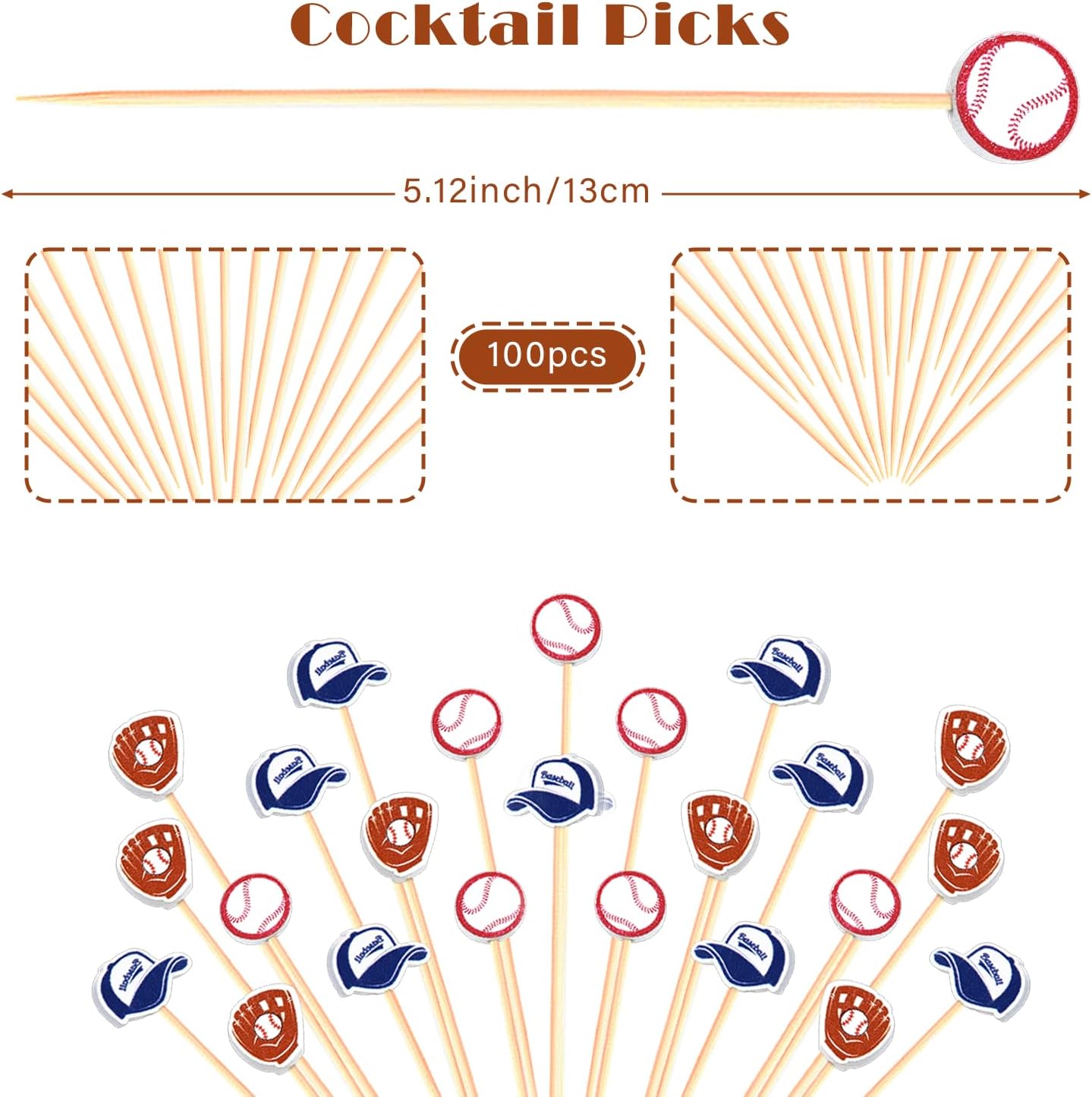 Baseball Cocktail Picks 5" Baseball End Decorative Toothpick Skewers Sticks for Appetizers Sandwich Food, Baseball Champions League Sports Catered Event Birthday Decorations Themed Party Supplies