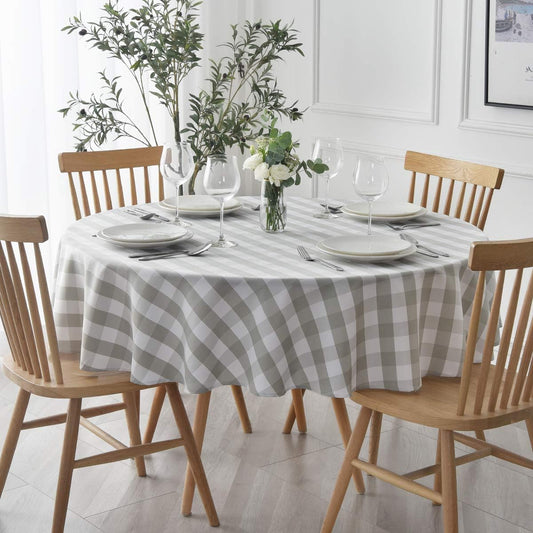 maxmill Round Checkered Tablecloth Spillproof Wrinkle Free Heavy Weight Gingham Table Cloth for Circular Table Buffalo Plaid for Buffet Banquet Parties Holiday Dinner 70 Inch Gray and White