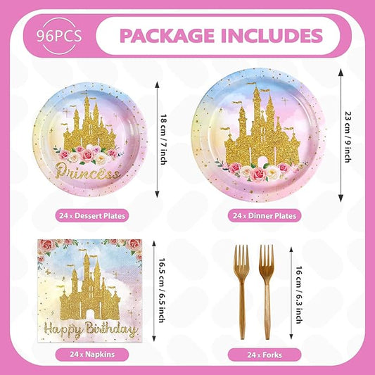 Grencian 96Pcs Princess Birthday Party Supplies Princess Birthday Plates and Napkins Tableware Sets Watercolor Pastel Rainbow Castle Decorations for Girls Baby Shower Fairytale Party Favors Serves 24