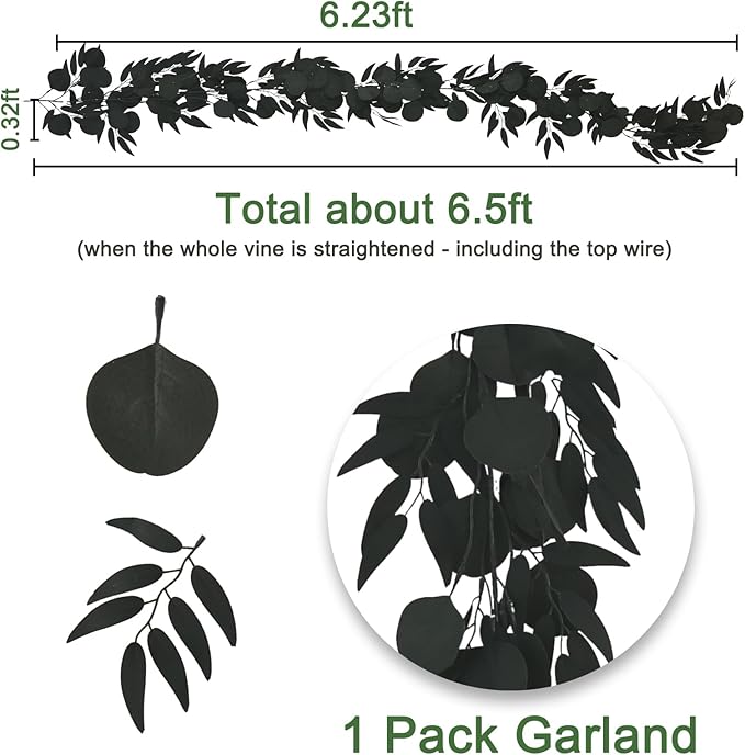 Greentime 1 Pack Eucalyptus Garland 6.5 Feet Artificial Black Leaf Garland for Thanksgiving Day Fireplace Table Runner DIY Wall Decor