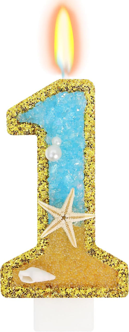 Ocean Number 1 Candle, Glitter Gold Beach Starfish Cake Topper, Tropical Ocean Princess Birthday Decorations for Party Supplies Wedding Anniversaries