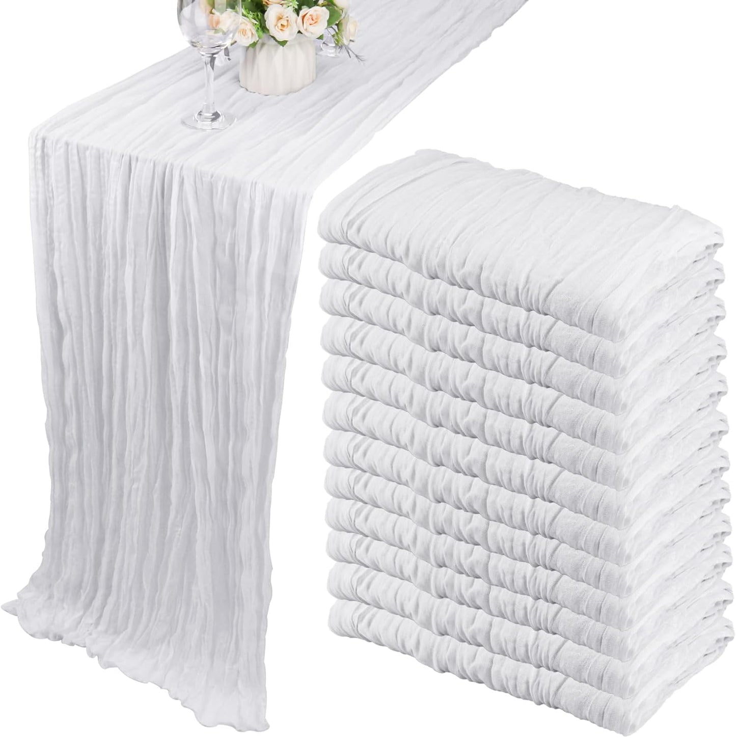 12 Pack 10Ft Cheesecloth Table Runner 35x120 Inch Boho Gauze Table Runner Rustic Cheese Cloth Long Romantic Table Runners for Wedding Bridal Shower Birthday Party Table Decor (White)