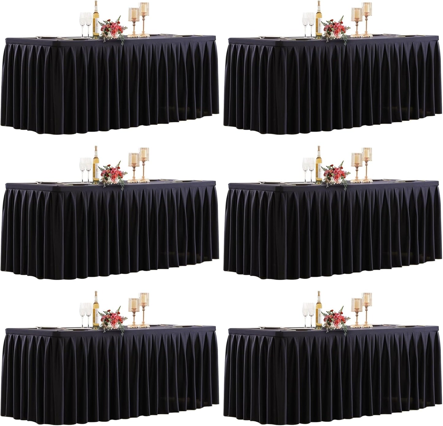 HB HBB MAGIC 6 Pack Black Tablecloths for 6 Foot Rectangle Tables, Elegant Pleated Table Skirt – Wrinkle Free Stretch Fitted Table Cover for Weddings, Banquets, Birthday Parties & Events