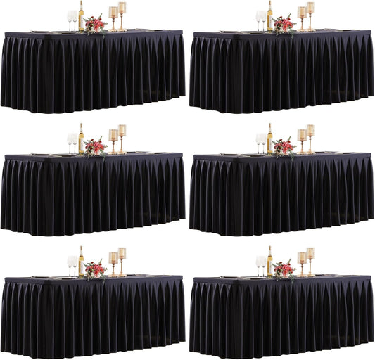 HB HBB MAGIC 6 Pack Black Tablecloths for 6 Foot Rectangle Tables, Elegant Pleated Table Skirt – Wrinkle Free Stretch Fitted Table Cover for Weddings, Banquets, Birthday Parties & Events