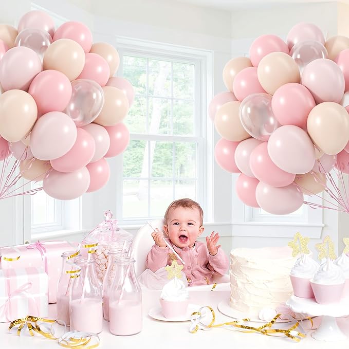60pcs Light Pink Balloons 12inch with Pastel Pink Nude Clear Balloons for Gender Reveal Baby Shower Birthday Party Decorations