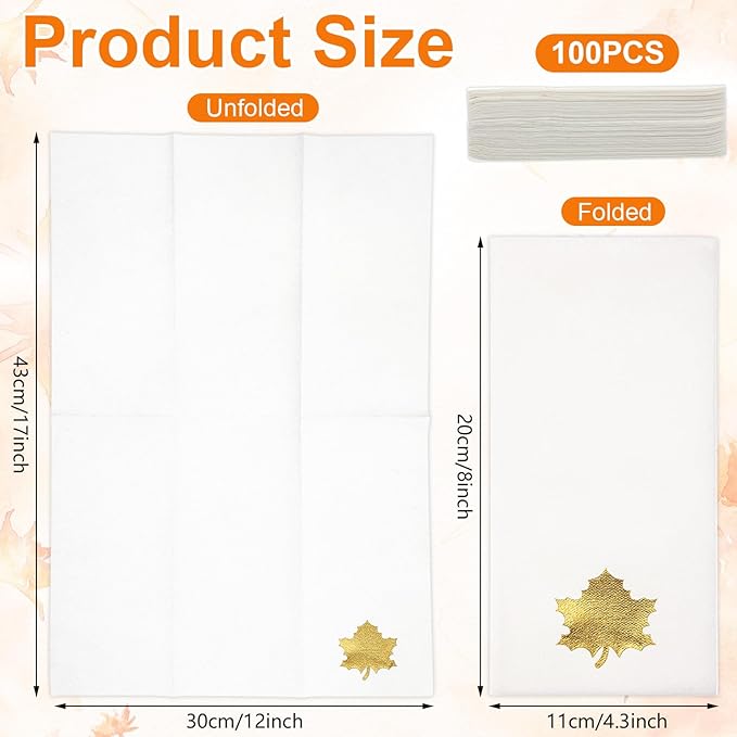 Janlaugh 100 Pcs Gold Thanksgiving Linen Disposable Bathroom Hand Towels Pumpkin Maple Leaves Foil Stamped Guest Napkins 12"x17" Paper Towels for Bathroom Home Lunch Dinner Kitchen(Maple Leaf)