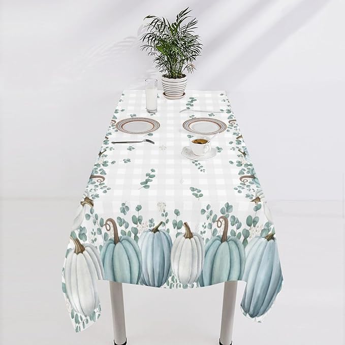 YCness Thanksgiving Pumpkin Tablecloth, Watercolor Eucalyptus Leaves Autumn Harvest Fall Watercolor Blue Gray Grid Table Cover for Party Picnic Dinner Kitchen 55x55 Inch Rectangle