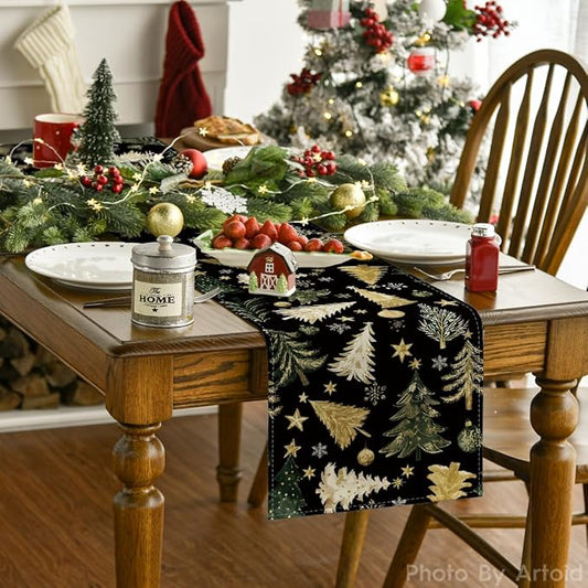 Artoid Mode Gloden Pine Trees Snowflake 210 GSM Christmas Table Runner,Xmas Balls Winter Holiday Kitchen Dining Table Decoration for Home Party Decor 13x120 Inch