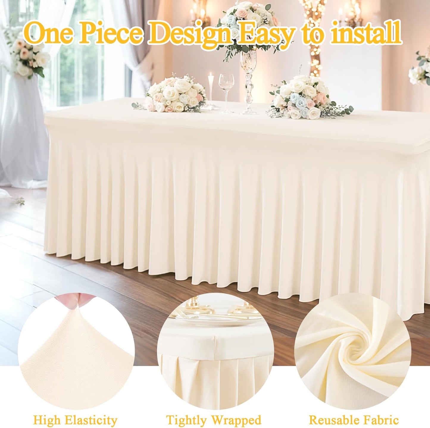 Ivory Spandex Table Covers 8ft, 6 Packs Fitted Table Covers for 8 Foot Tables Stretch Spandex Table Skirts Rectangle Tables for Event, Wedding, Banquet & Parties