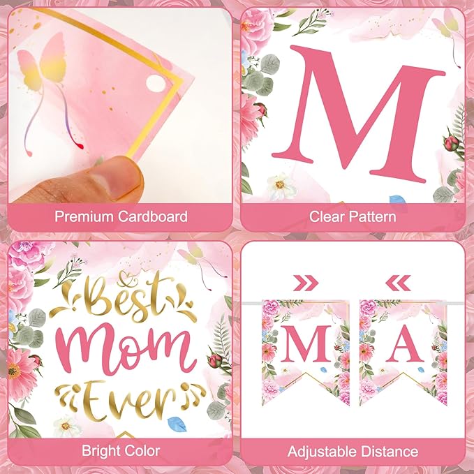 Happy Mothers Day Banner - Pink Mother's Day Decorations Banners, 2026 Best Mom Ever Sign Bunting Banner Garland for Mothers Days Home, Office, Fireplace, Wall Party Decor Supplies Favors Props