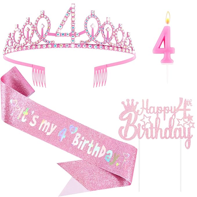 4th Birthday Decorations for Girls - Pink Birthday Crown, Glitter Sash, Number 4 Candles and Cake Toppers for Girls 4 Year Old Party Supplies Outfit Gift