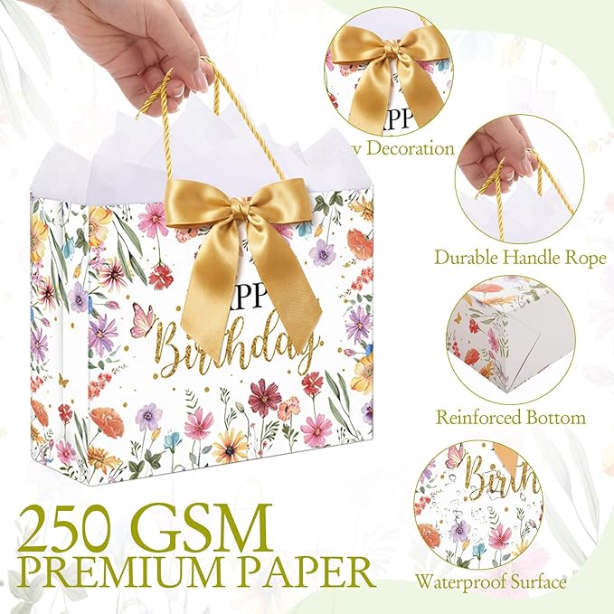 Maitys 12 Sets 13" Large Wildflower Birthday Gift Bags with Handle, Tissue Papers, Ribbons and Greeting Cards Spring Floral Butterfly Paper Bags Bulk for Women Baby Shower Party Decorations Supplies