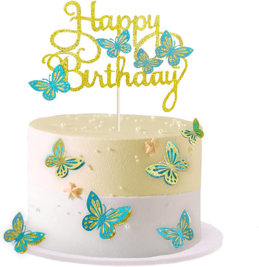 13 Pieces Green Gold Butterfly Cake Toppers 3D Butterfly Cupcake Topper for Girls