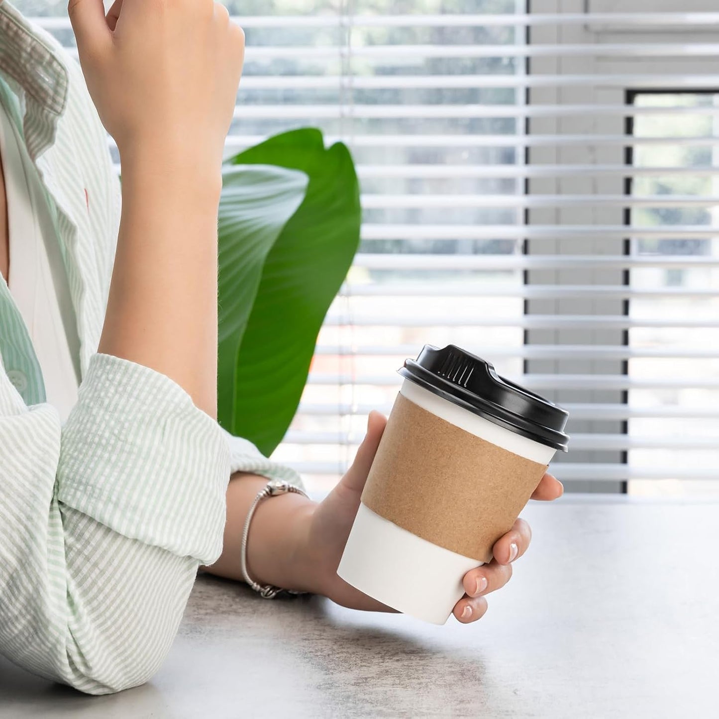 RACETOP 12 oz 100 Pack Disposable Paper Coffee Cups with Lids and Sleeves, Hot Cups, Paper Cups with Lids, Ideal for Home/Office