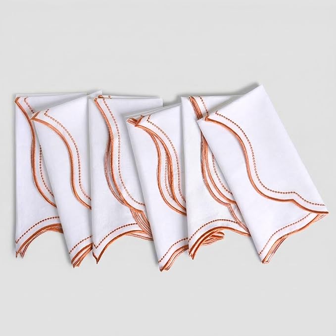 FINGERCRAFT Cloth Napkins, Everyday Use Scallop Embroidery Design, Premium Quality Natural Cotton Napkin Set of 6 Perfect for Parties Dinners Weddings Easter Napkin Cloth 20x20 inch White/Rust