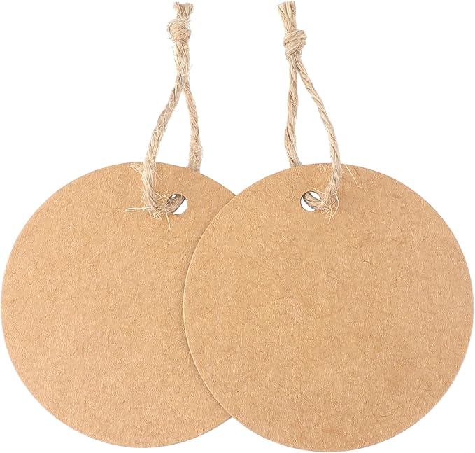 G2PLUS 100PCS Kraft Paper Gift Tag with String,2.2'' Round Paper Tags Blank Hang Tags Brown Circle Tags with Holes for Craft Projects, Xmas Gift, DIY Wedding Favor Bag