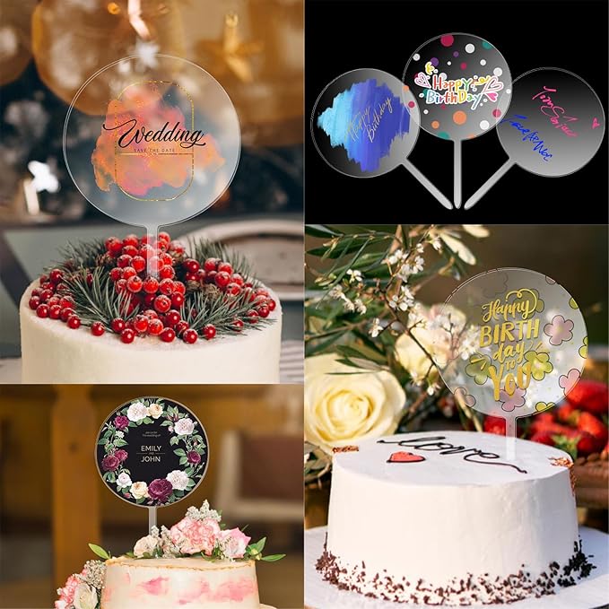 2PCS 4" Custom Cake Topper Blank Clear Acrylic Cakes Toppers, Round Name Cake Toppers Sticks Reusable DIY Birthday Cakes Topper for Personalized Custom Wedding Birthday Festival Party Decorations