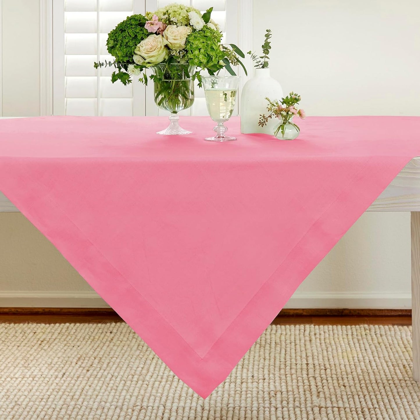 Solino Home Linen Tablecloth 52 x 52 Inch - 100% Pure Linen Pink Carnation Square Tablecloth - Fete, Machine Washable Table Throw for Halloween