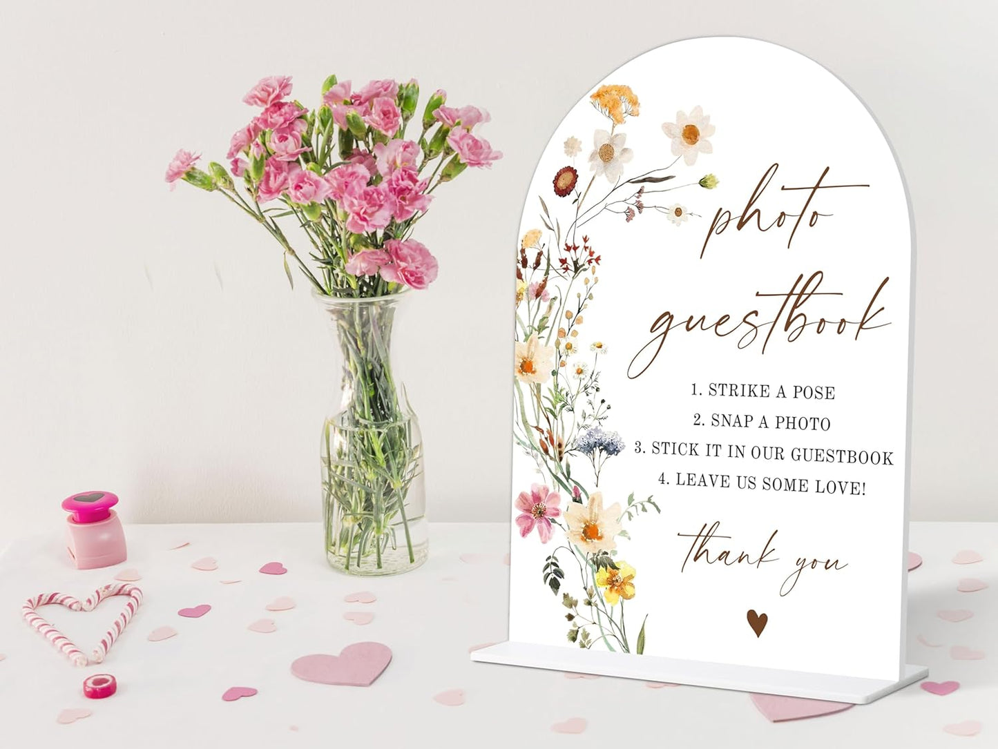 Photo Guest Book Sign, Wedding Guest Book Alternative, Flower Style Bridal Shower Signs for Engagement, Bridal Shower and Reception, Wedding Shower Favors, 6X8 Inch Acrylic Arch Sign with Stand,12