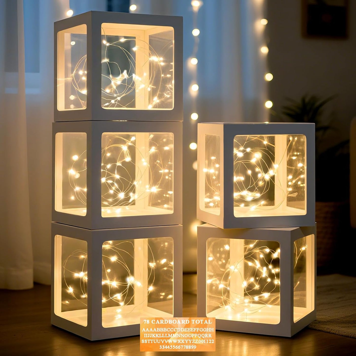 Ledido Transparent Balloon Boxes, Clear Balloon Boxes with 5 Pcs String Lights and 78 Letters for Baby Shower Gender Reveal Grad Birthday Party Anniversary Bridal Wedding Decor - 5 White Boxes